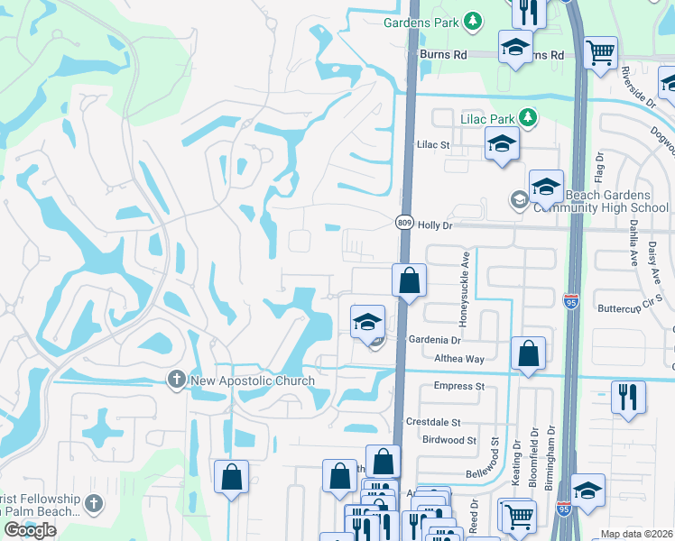map of restaurants, bars, coffee shops, grocery stores, and more near 104 Pembroke Drive in Palm Beach Gardens
