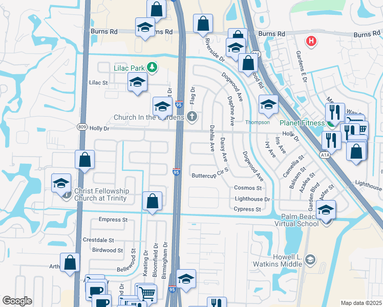 map of restaurants, bars, coffee shops, grocery stores, and more near 3858 Carnation Circle in Palm Beach Gardens