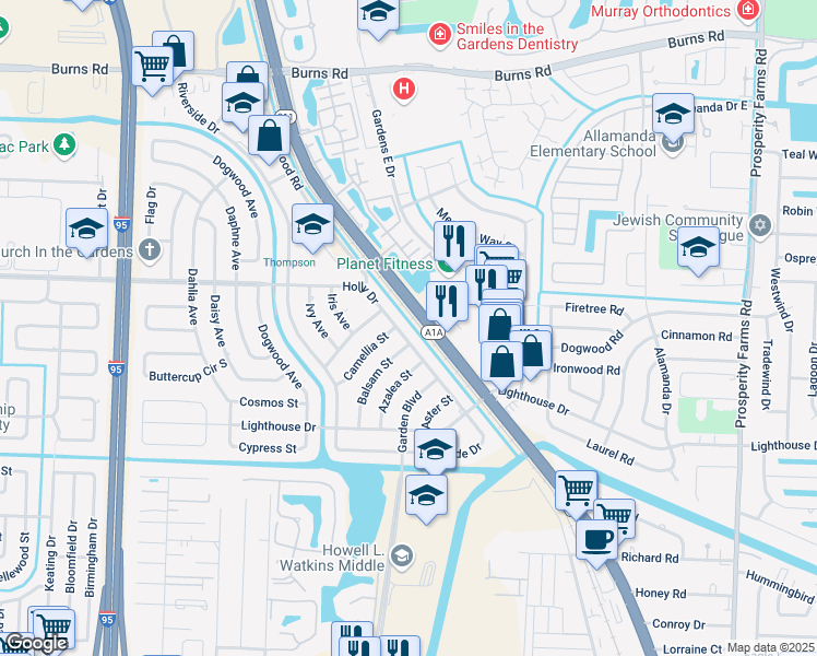 map of restaurants, bars, coffee shops, grocery stores, and more near 546 Holly Drive in Palm Beach Gardens