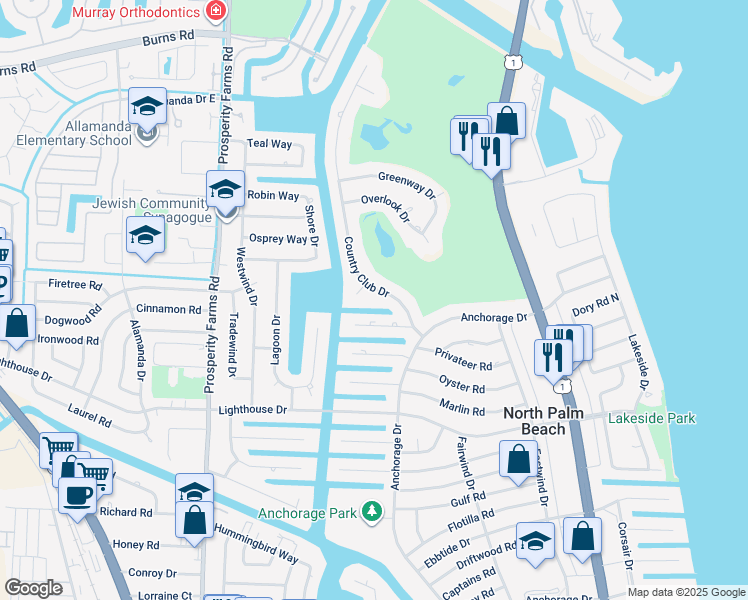 map of restaurants, bars, coffee shops, grocery stores, and more near 835 Country Club Drive in North Palm Beach