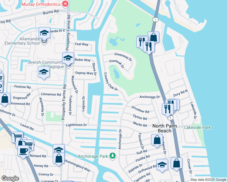 map of restaurants, bars, coffee shops, grocery stores, and more near 835 Country Club Drive in North Palm Beach
