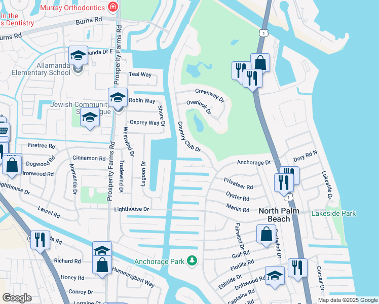 map of restaurants, bars, coffee shops, grocery stores, and more near 843 Country Club Court in North Palm Beach
