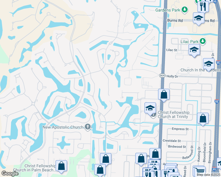 map of restaurants, bars, coffee shops, grocery stores, and more near 111 Palm Point Circle in Palm Beach Gardens