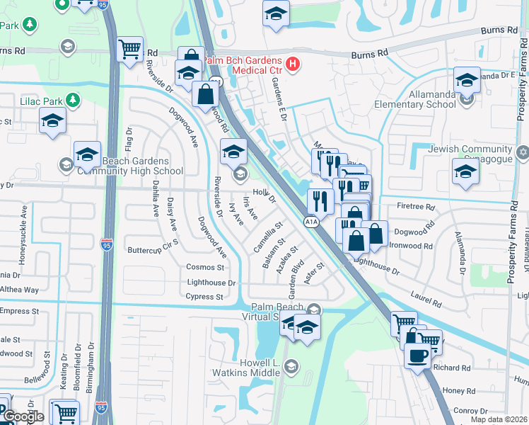 map of restaurants, bars, coffee shops, grocery stores, and more near 295 Cherry Street in Palm Beach Gardens