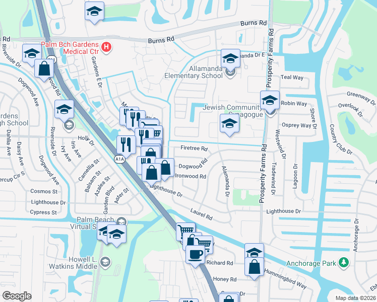 map of restaurants, bars, coffee shops, grocery stores, and more near 929 Firetree Road in North Palm Beach
