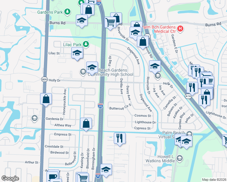 map of restaurants, bars, coffee shops, grocery stores, and more near 3858 Carnation Circle in Palm Beach Gardens