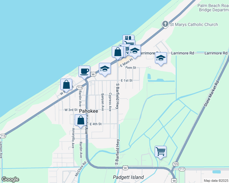map of restaurants, bars, coffee shops, grocery stores, and more near 170 South Barfield Highway in Pahokee