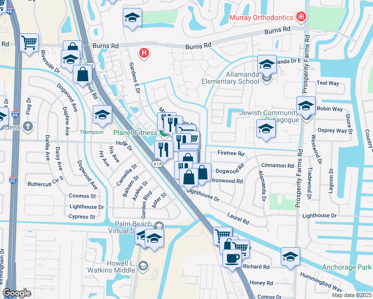 map of restaurants, bars, coffee shops, grocery stores, and more near 9910 Florida A1A Alternate in Palm Beach Gardens