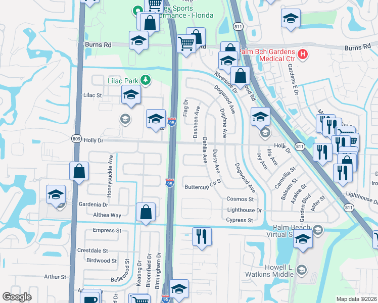 map of restaurants, bars, coffee shops, grocery stores, and more near 3962 Holly Drive in Palm Beach Gardens