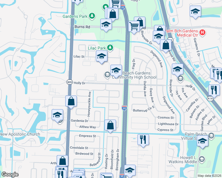 map of restaurants, bars, coffee shops, grocery stores, and more near 4135 Lakespur Circle North in Palm Beach Gardens