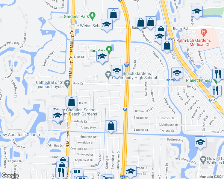map of restaurants, bars, coffee shops, grocery stores, and more near 4135 Lakespur Circle North in Palm Beach Gardens