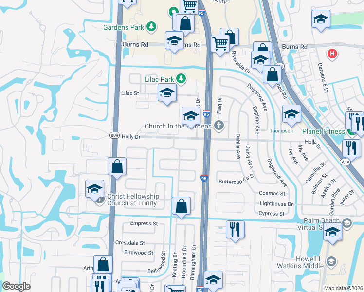map of restaurants, bars, coffee shops, grocery stores, and more near 4135 Lakespur Circle North in Palm Beach Gardens
