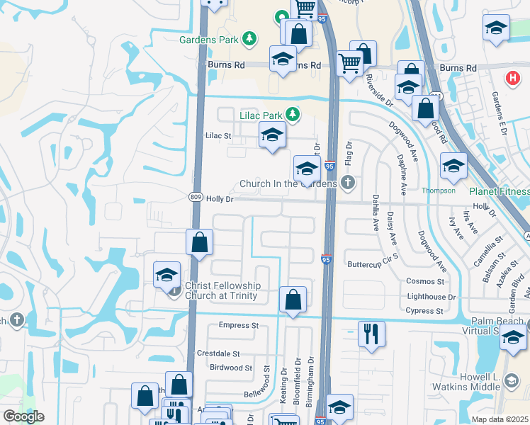 map of restaurants, bars, coffee shops, grocery stores, and more near 4228 Holly Drive in Palm Beach Gardens
