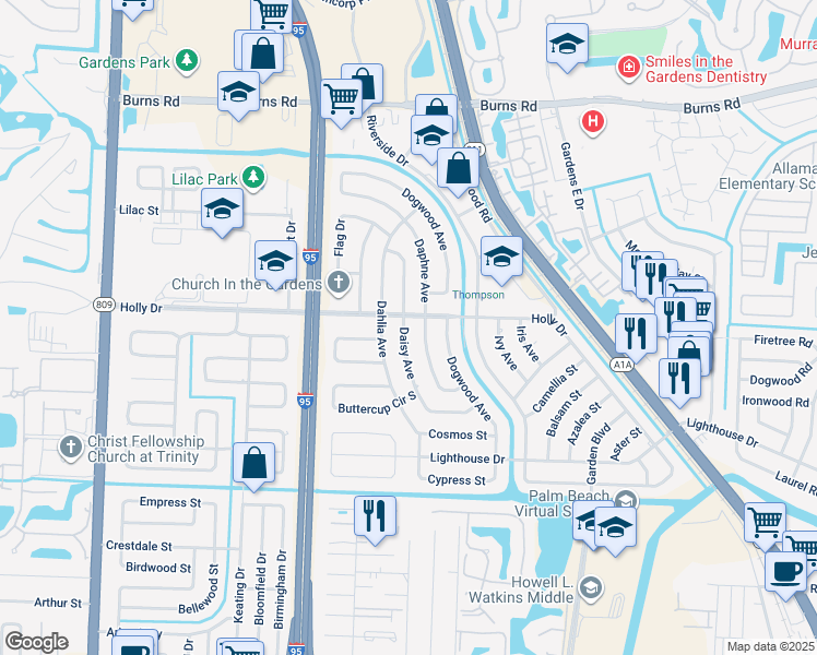 map of restaurants, bars, coffee shops, grocery stores, and more near 9970 Daisy Avenue in Palm Beach Gardens