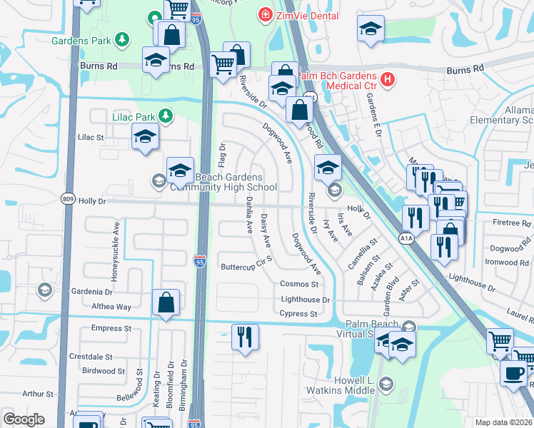 map of restaurants, bars, coffee shops, grocery stores, and more near 9970 Daisy Avenue in Palm Beach Gardens