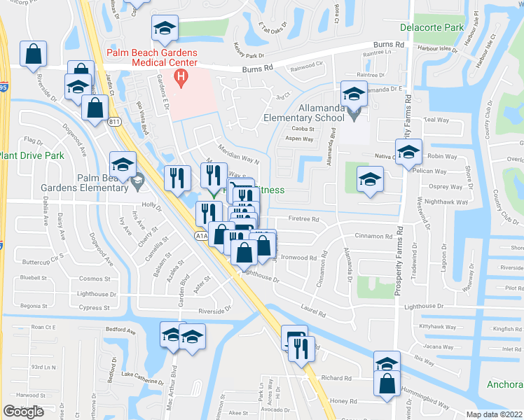 map of restaurants, bars, coffee shops, grocery stores, and more near 32 Meridian Way North in Palm Beach Gardens