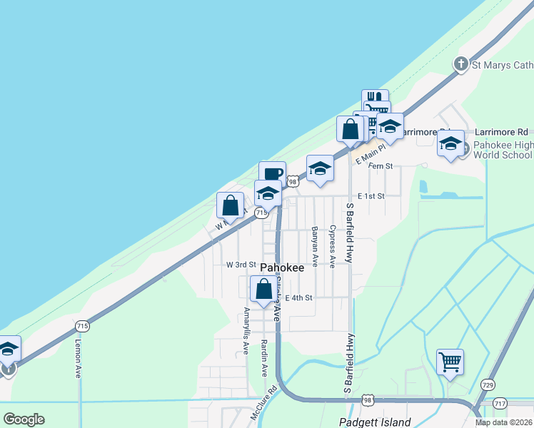 map of restaurants, bars, coffee shops, grocery stores, and more near 225 Bacom Point Road in Pahokee