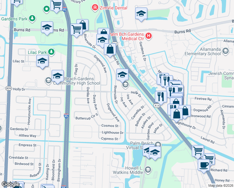 map of restaurants, bars, coffee shops, grocery stores, and more near 500 Riverside Dr in Palm Beach Gardens
