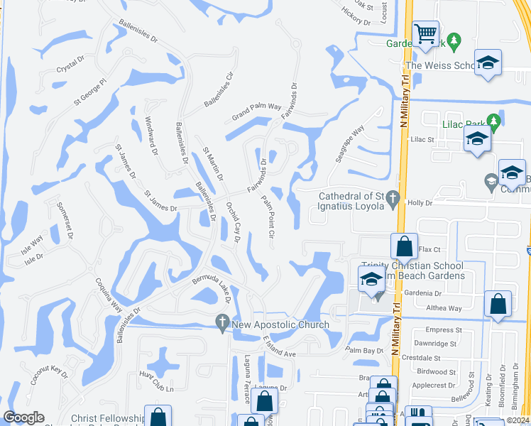 map of restaurants, bars, coffee shops, grocery stores, and more near 105 Palm Point Circle in Palm Beach Gardens