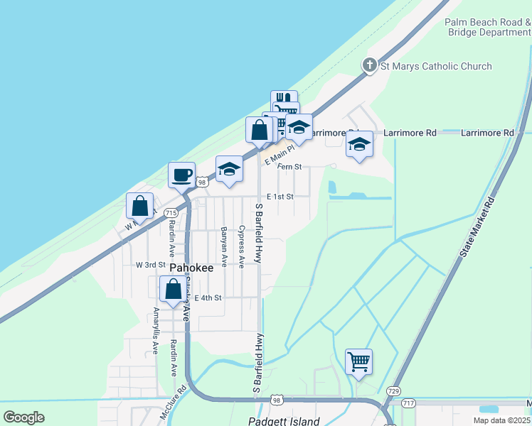 map of restaurants, bars, coffee shops, grocery stores, and more near 170 South Barfield Highway in Pahokee