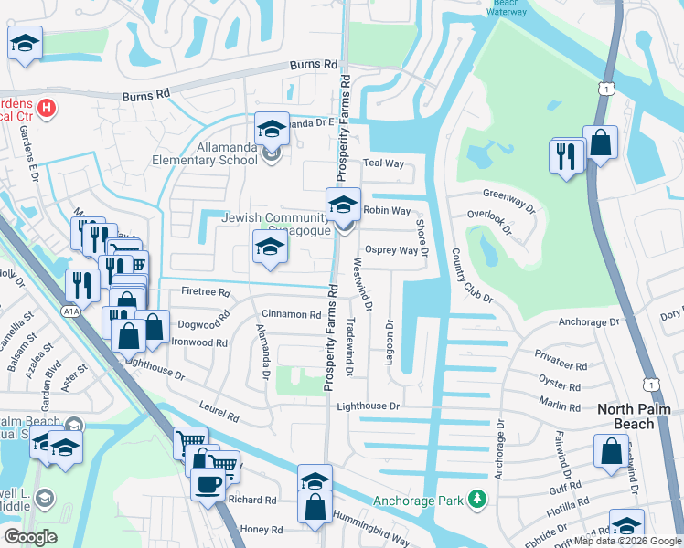 map of restaurants, bars, coffee shops, grocery stores, and more near 816 Prosperity Farms Road in North Palm Beach