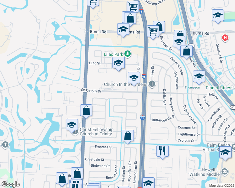 map of restaurants, bars, coffee shops, grocery stores, and more near 4228 Holly Drive in Palm Beach Gardens