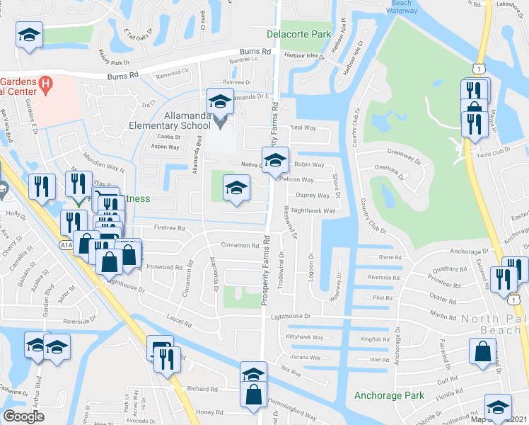 map of restaurants, bars, coffee shops, grocery stores, and more near 816 Prosperity Farms Road in North Palm Beach
