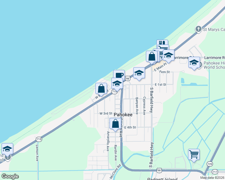 map of restaurants, bars, coffee shops, grocery stores, and more near 225 Bacom Point Road in Pahokee