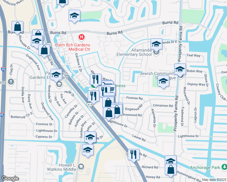 map of restaurants, bars, coffee shops, grocery stores, and more near 32 Meridian Way North in Palm Beach Gardens