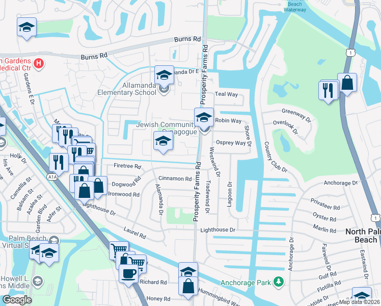 map of restaurants, bars, coffee shops, grocery stores, and more near 821 Prosperity Farms Road in North Palm Beach