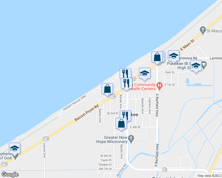 map of restaurants, bars, coffee shops, grocery stores, and more near 297 West Main Street in Pahokee