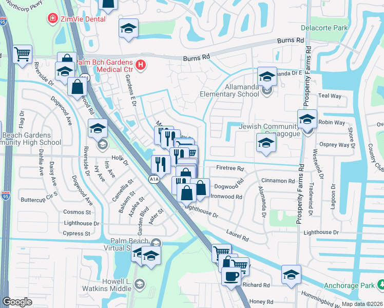 map of restaurants, bars, coffee shops, grocery stores, and more near 32 Meridian Way North in Palm Beach Gardens