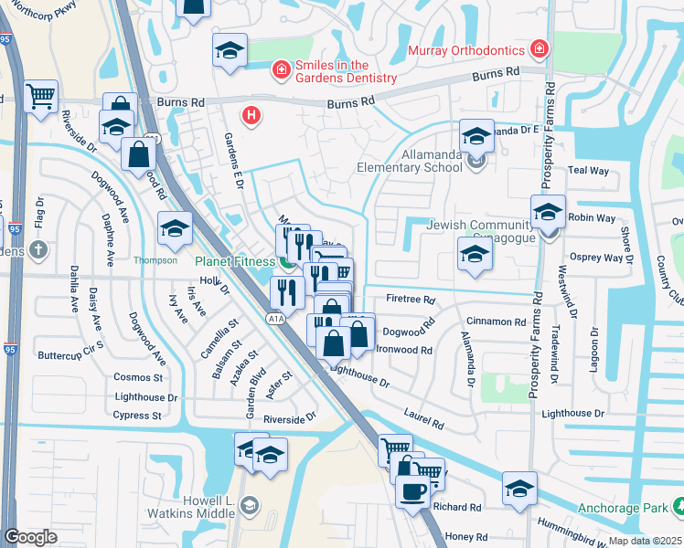 map of restaurants, bars, coffee shops, grocery stores, and more near 32 Meridian Way North in Palm Beach Gardens