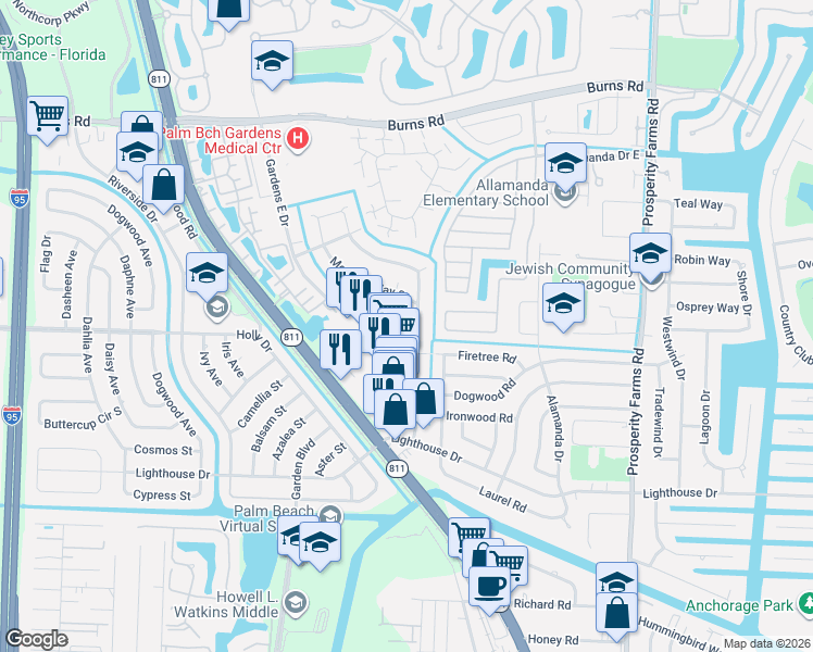 map of restaurants, bars, coffee shops, grocery stores, and more near 32 Meridian Way North in Palm Beach Gardens