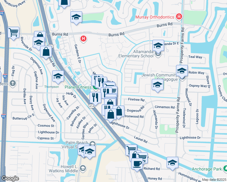 map of restaurants, bars, coffee shops, grocery stores, and more near 3075 Gardens East Drive in Palm Beach Gardens