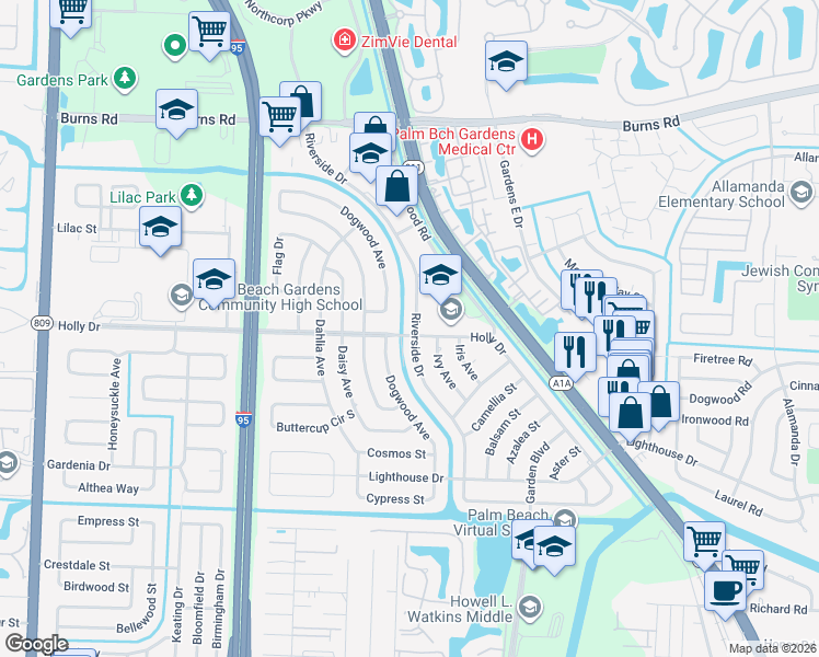 map of restaurants, bars, coffee shops, grocery stores, and more near 500 Riverside Drive in Palm Beach Gardens
