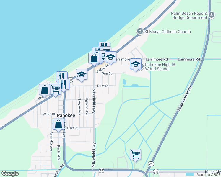 map of restaurants, bars, coffee shops, grocery stores, and more near 148 South Flame Avenue in Pahokee