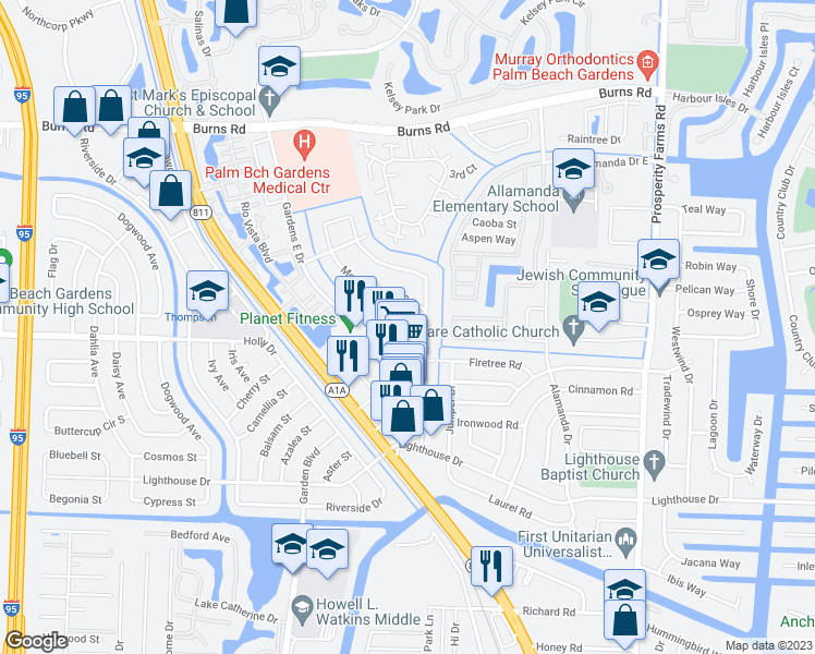 map of restaurants, bars, coffee shops, grocery stores, and more near 32 Meridian Way North in Palm Beach Gardens
