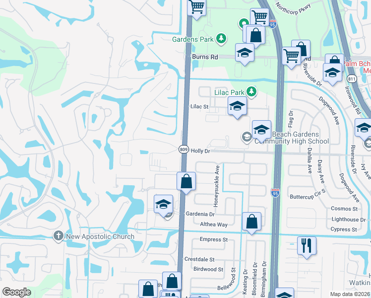map of restaurants, bars, coffee shops, grocery stores, and more near North Military Trail & Holly Drive in Palm Beach Gardens