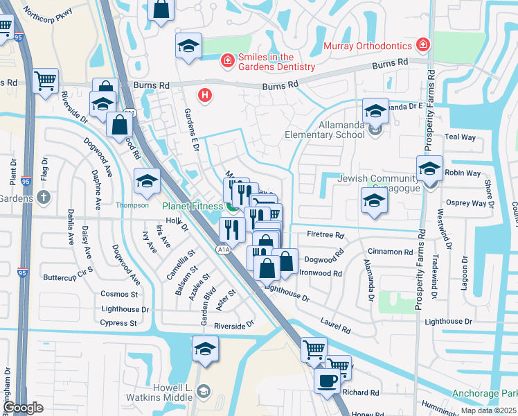 map of restaurants, bars, coffee shops, grocery stores, and more near 3154 Meridian Way South in Palm Beach Gardens