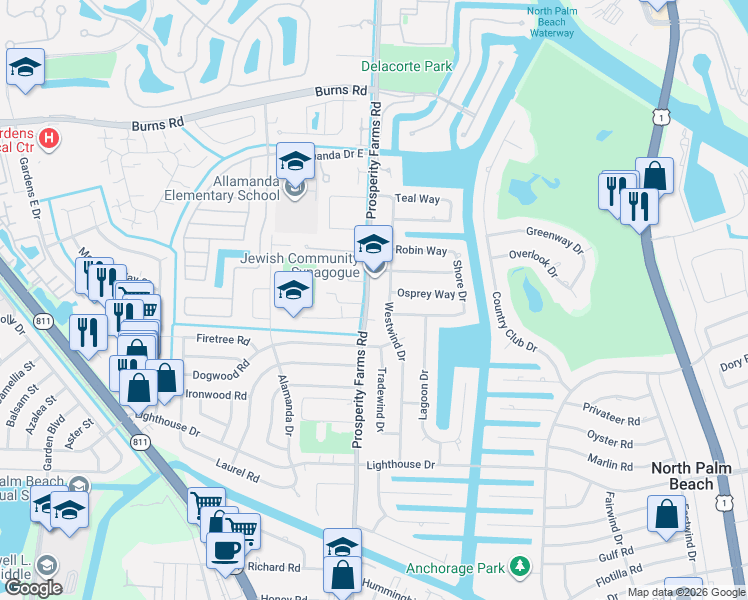 map of restaurants, bars, coffee shops, grocery stores, and more near 838-842 Prosperity Farms Road in North Palm Beach