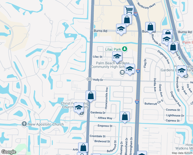 map of restaurants, bars, coffee shops, grocery stores, and more near 4431 Holly Drive in Palm Beach Gardens