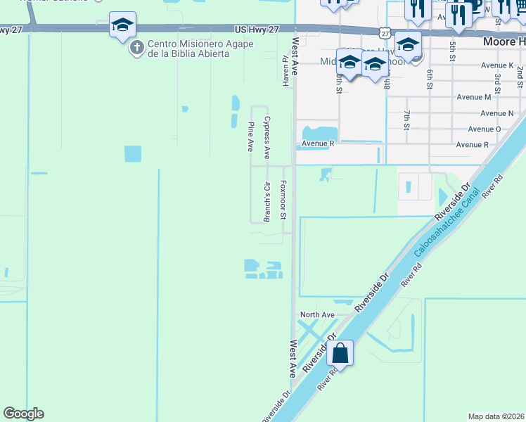 map of restaurants, bars, coffee shops, grocery stores, and more near 1031 Branch's Circle in Moore Haven