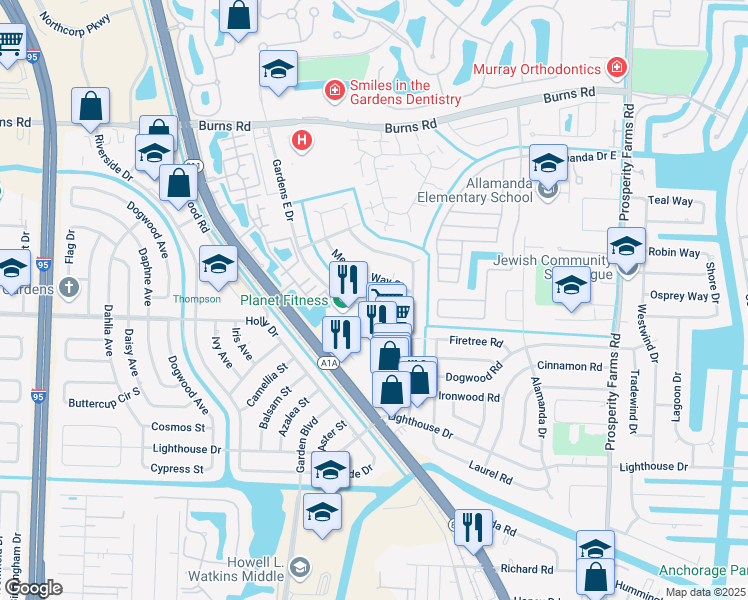 map of restaurants, bars, coffee shops, grocery stores, and more near 3154 Meridian Way South in Palm Beach Gardens