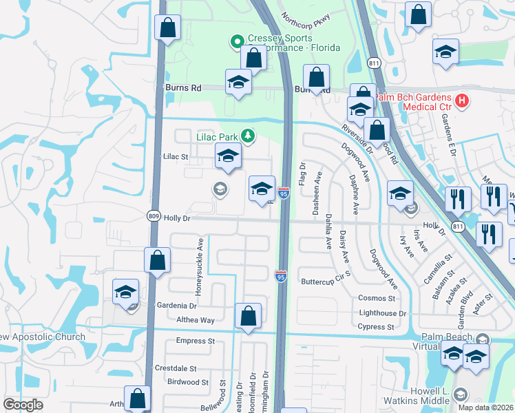 map of restaurants, bars, coffee shops, grocery stores, and more near 4075 Holly Dr in Palm Beach Gardens