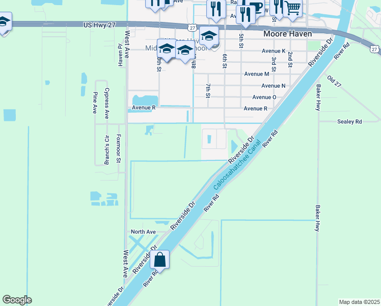 map of restaurants, bars, coffee shops, grocery stores, and more near 990 Thatcher Boulevard in Moore Haven