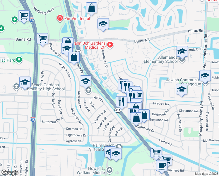 map of restaurants, bars, coffee shops, grocery stores, and more near 500 Coronado Way in Palm Beach Gardens