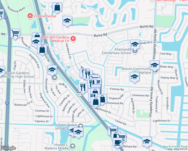 map of restaurants, bars, coffee shops, grocery stores, and more near 3154 Meridian Way South in Palm Beach Gardens