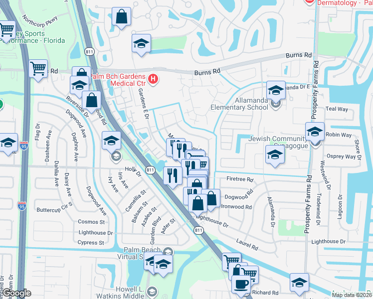map of restaurants, bars, coffee shops, grocery stores, and more near 3154 Meridian Way South in Palm Beach Gardens