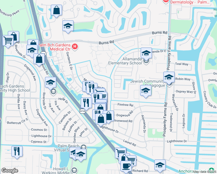 map of restaurants, bars, coffee shops, grocery stores, and more near 10128 Meridian Way North in Palm Beach Gardens